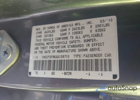 2010 Honda Accord 2.4 Ex-L z USA, uszkodzony, nr VIN 1HGCP2F86AA109710